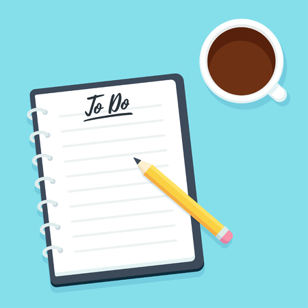 Blank To Do list, notebook with pencil and coffee cup, top view. Business planner vector illustration in modern flat cartoon style.のイラスト素材