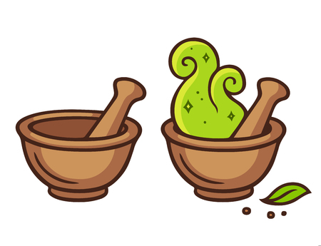 Cartoon mortar and pestle, fantasy potion making with magic. Vector illustration.のイラスト素材