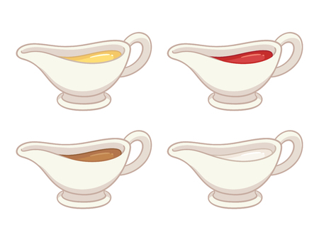 Sauce boat set with different condiments and dips. Meat gravy, tomato sauce or ketchup, mayonnaise. Isolated vector illustration.のイラスト素材