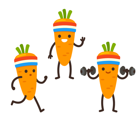 Funny heath and fitness illustration set. Cartoon carrot with sweatband jogging and lifting dumbbells. Cute sporty character drawing.のイラスト素材