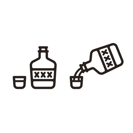 Simple stylized bottle of alcohol and shot glass icon. Pouring liquor from bottle with XXX label.のイラスト素材