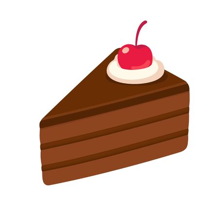 Piece of layered chocolate cake with maraschino cherry. Hand drawn cake slice isolated illustration.のイラスト素材