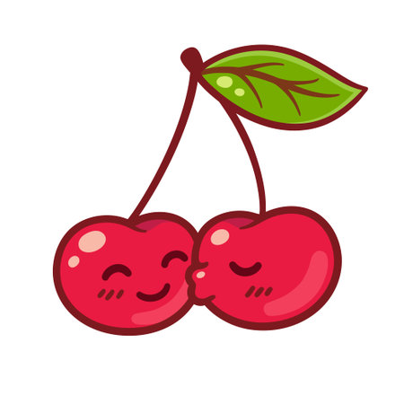 Cute cartoon couple of cherries kissing. Funny Valentine's day characters vector illustration.のイラスト素材
