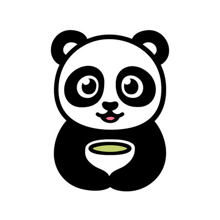 Cute cartoon panda with cup of green tea. Traditional Asian food and drink illustration. Isolated vector clip art drawing.のイラスト素材
