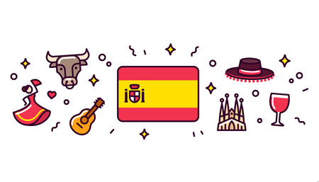 Illustration for Spain banner design elements. Spanish flag surrounded with traditional signs and symbols. - Royalty Free Image