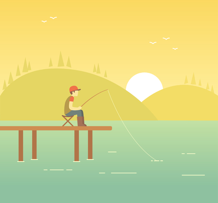 Fishing on sunrise. Fisherman on lake, tranquil landscape background. Outdoors relaxation activity illustration.のイラスト素材