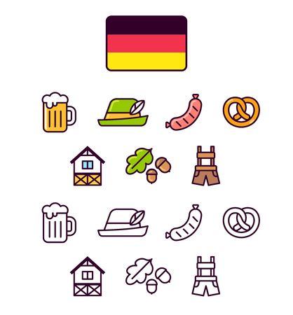Germany icons set. Traditional German signs and symbols. 2 styles, colored cartoon line icons and black outlines.のイラスト素材
