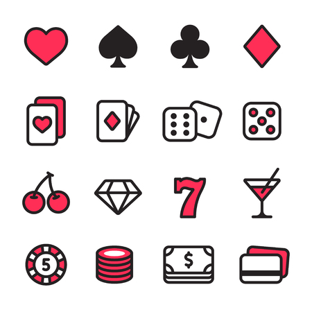 Casino line icon set. Poker cards, dice and chips, slot machine symbols and money. Simple modern style vector icons.のイラスト素材