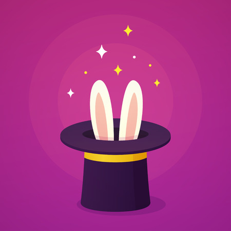 Magician hat with rabbit ears, magic trick illustration. Cute cartoon vector drawing of white bunny inside top hat.のイラスト素材