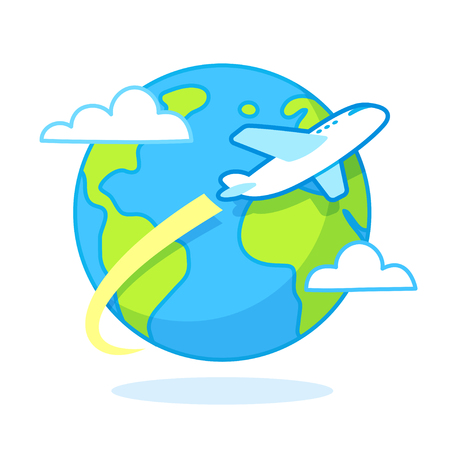 Cartoon airplane flying around the world, planet Earth with clouds. Travel concept vector illustration.のイラスト素材