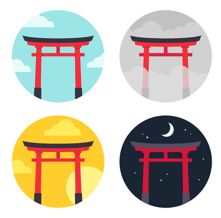 Torii, traditional Japanese gates in different time and weather. Simple flat cartoon style vector illustration set.のイラスト素材