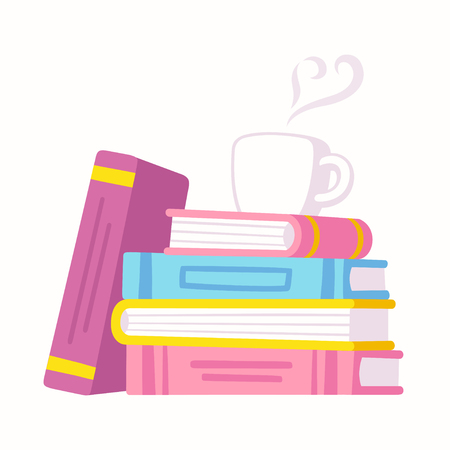 Stack of books and cup of coffee. Love reading vector illustration for book cafe or library.のイラスト素材
