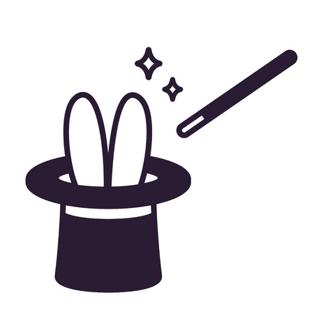 Magic trick illustration, rabbit ears sticking out of magician hat with wand. Cute and simple black and white cartoon vector drawing.のイラスト素材
