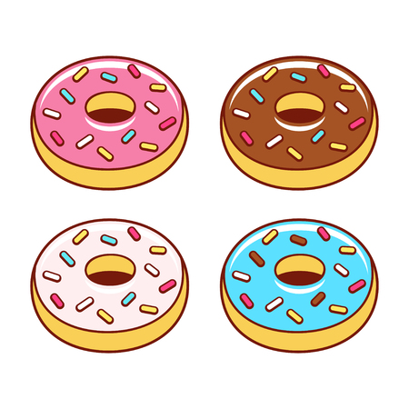Cartoon donuts set. With pink and blue icing, covered with chocolate and sprinkles. Isolated vector illustration.のイラスト素材