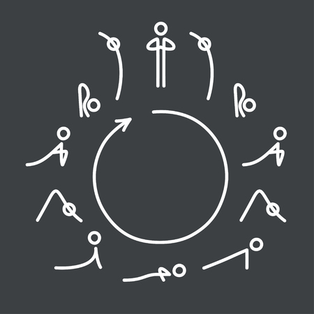 Sun Salutation yoga exercise, Surya Namaskara flow. Circle with yoga poses icons in very simple