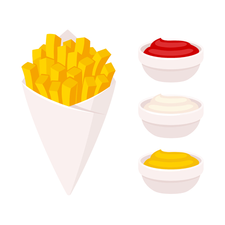 Potato French fries in paper cone with dipping sauce: ketchup, mayonnaise and mustard. Traditional fast food isolated vector illustration.のイラスト素材