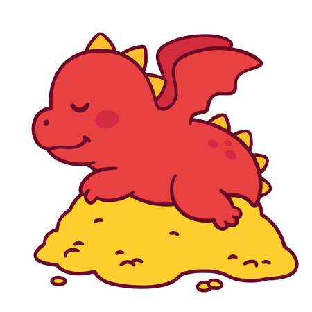 Cute cartoon baby dragon sleeping on golden treasure. Funny fairy tale dragon character drawing.のイラスト素材