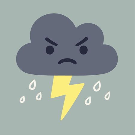 Angry storm cloud drawing with lightning and rain. Cute cartoon vector illustration.のイラスト素材