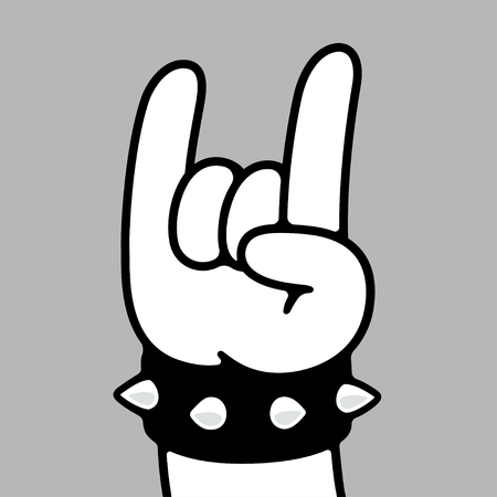 Heavy metal hand gesture in cartoon comic style. Rock fan hand with spiked leather bracelet.のイラスト素材
