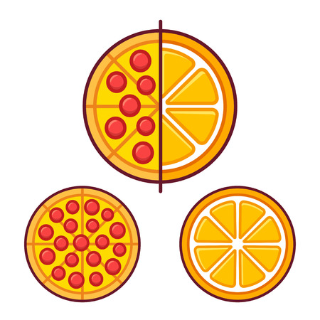 Pizza and orange fruit icon. Healthy and unhealthy food choice concept. Circle divided in two: fast food on the left and healthy option on the right.のイラスト素材