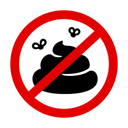 Prohibition sign with crossed poo, pile of shit with flies in red circle. No pooping vector symbol.のイラスト素材