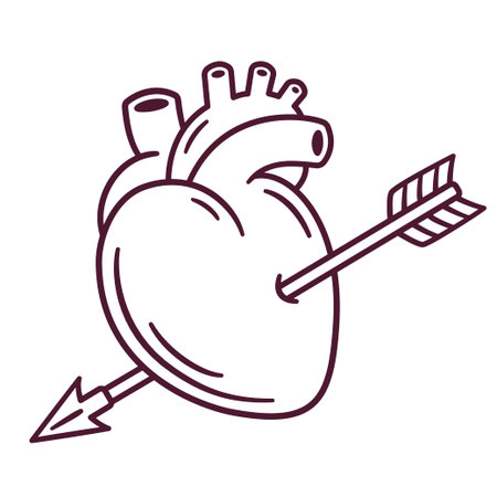 Realistic anatomic heart and arrow, vintage retro style drawing. Cartoon Valentines day vector illustration, hand drawn sketch.のイラスト素材