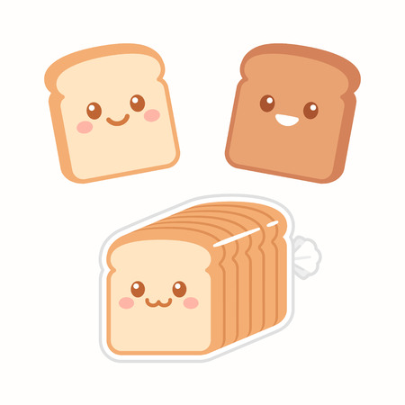 Cute cartoon slices of bread with kawaii faces. White and brown rye toast. Simple flat vector style illustration.