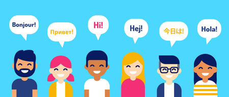 International group of people saying Hi in different languages. Diverse cartoon characters, modern flat vector style illustration. Learning, education and communication design element.のイラスト素材