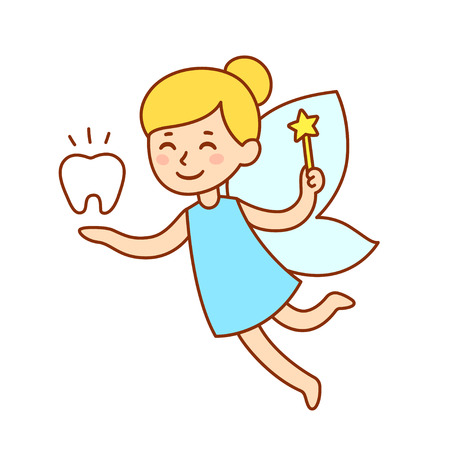 Cute little tooth fairy with wings, magic wand and a tooth. Isolated cartoon vector clip art illustration.のイラスト素材