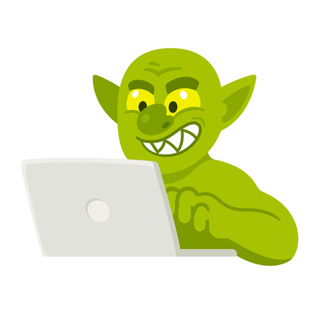 Cartoon internet troll typing comment on laptop. Funny illustration of trolling or cyber bullying.のイラスト素材