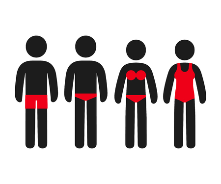 Simple stick figure people in swimming suits: trunks, brief, bikini and one piece swimsuit. Male and female swim accessories icon set, vector illustration.のイラスト素材