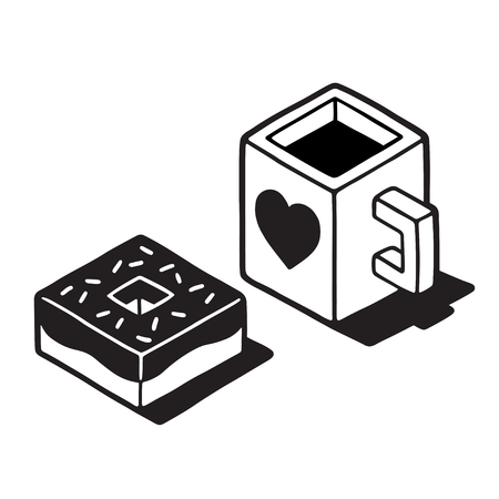 Isometric low poly cartoon cup of coffee or tea with donut. Minimalist black and white vector illustration.のイラスト素材