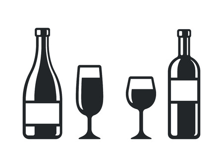Wine bottle and glass icons. Champagne bottle and flute, and classic red wine.のイラスト素材