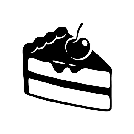 Hand drawn cake slice icon. Black and white cake with cherry and chocolate frosting, isolated vector illustration.のイラスト素材