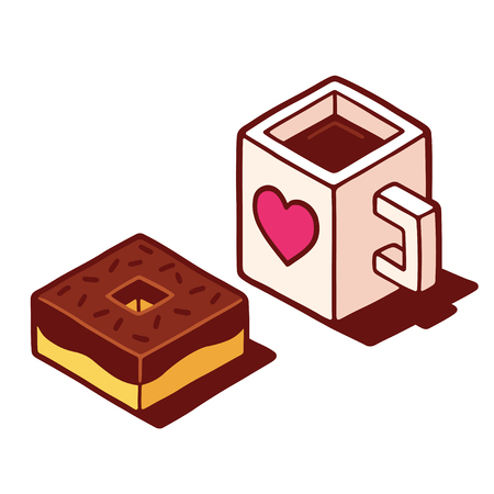 Isometric low poly cartoon cup of coffee with chocolate donut. Cute and stylish hand drawn vector illustration.のイラスト素材