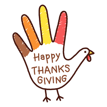 Hand trace turkey childrens drawing with written text Happy Thanksgiving. Cute childish Thanksgivings day greeting card, vector illustration.のイラスト素材