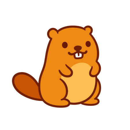 Cute chubby cartoon beaver, little kawaii mascot character. Isolated vector clip art illustration.のイラスト素材