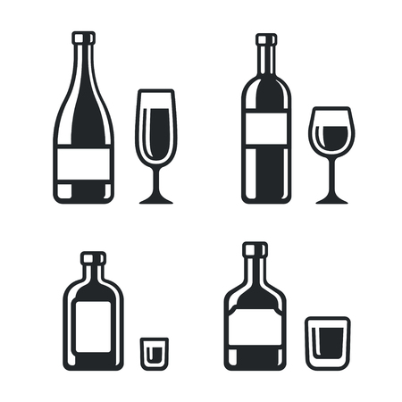 Alcohol drinks bottle and glass icons. Wine, champagne, whiskey and liqueur. Simple and stylish black and white vector illustration.のイラスト素材