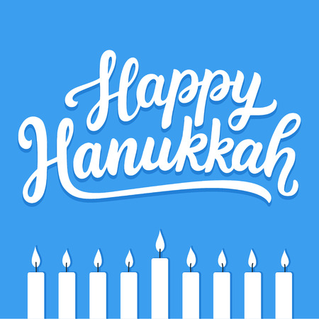 Happy Hanukkah hand written lettering, holiday greeting card with menora candles. Vector illustration, banner decoration design.のイラスト素材