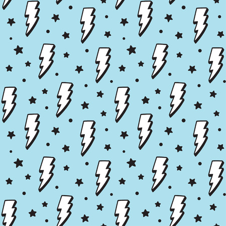 Lighning bolt and star seamless pattern. Cute hand drawn doodles, retro comic style. Vector texture illustration.のイラスト素材