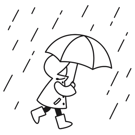 Black and white line drawing of little kid with raincoat and umbrella walking under rain. Cute cartoon vector illustration.のイラスト素材