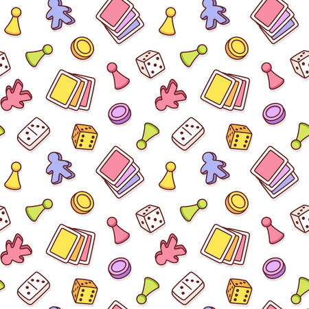 Board game themed seamless pattern. Colorful cartoon game pieces, playing cards and dice. Isolated vector tileable texture background.のイラスト素材