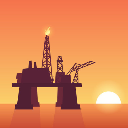 Oil extraction rig on sunset. Offshore drilling platform silhouette on ocean sky background. Vector illustration.のイラスト素材