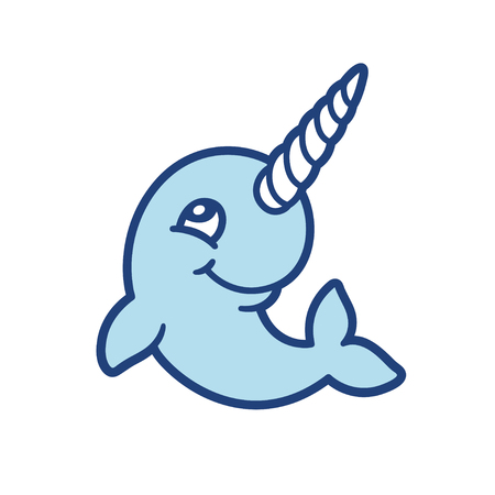 Cute cartoon baby narwhal logo. Funny animal mascot vector illustration.のイラスト素材