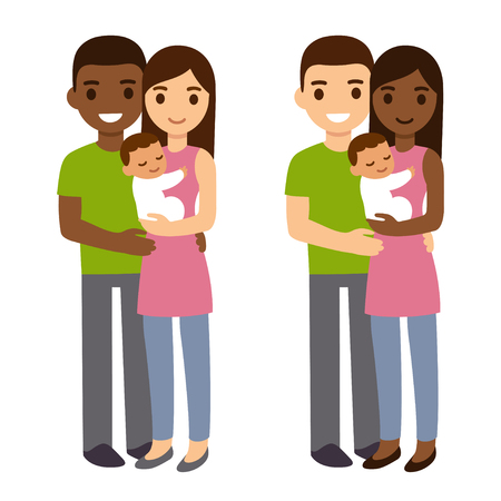 Interracial couple with newborn baby. Cute cartoon vector illustration of mixed race family.のイラスト素材