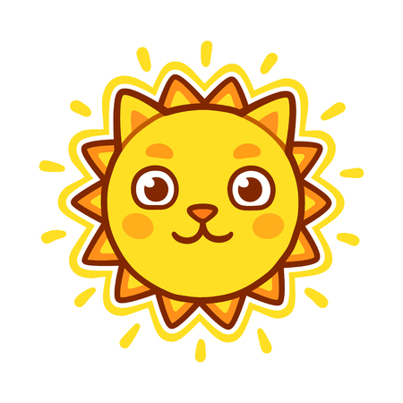 Sun with cat face, funny cartoon drawing. Cute vector illustration of kitty face with shining sun beams.のイラスト素材