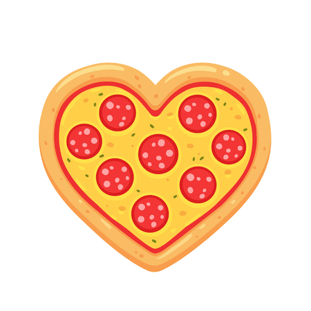Heart shaped pepperoni pizza cartoon drawing isolated on white background. Funny pizza lovers vector illustration.のイラスト素材