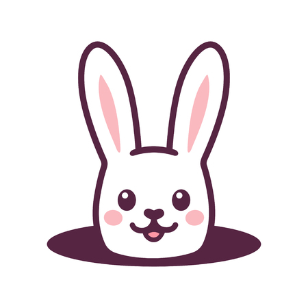 Cute cartoon rabbit looking from hole in ground. Simple Easter bunny drawing, isolated vector illustration.のイラスト素材