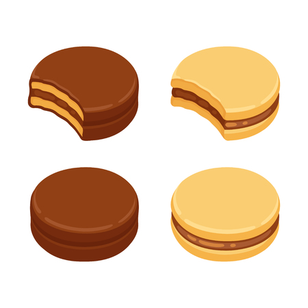 Alfajor sandwich cookie set, with dulce de leche filling and covered with chocolate. Isolated vector clip art illustration.のイラスト素材