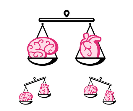 Brain and heart on a pair of scales. Balance between logic and emotion concept. Isolated vector illustration.のイラスト素材